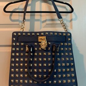 Michael Kors Navy Blue Hamilton Studded Leather Large Tote Handbag